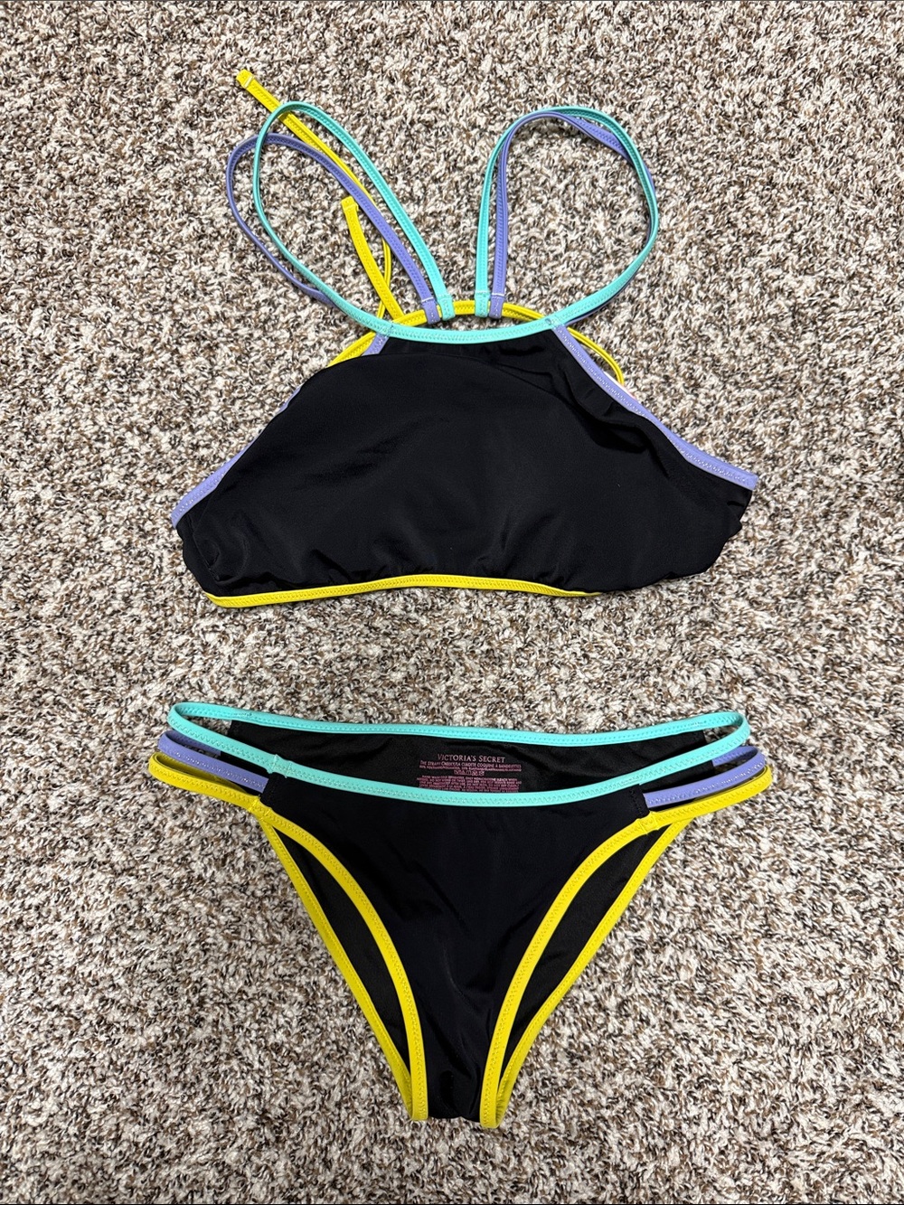 Victoria's Secret Black Bikini with Yellow, Mint & Lavender Trim